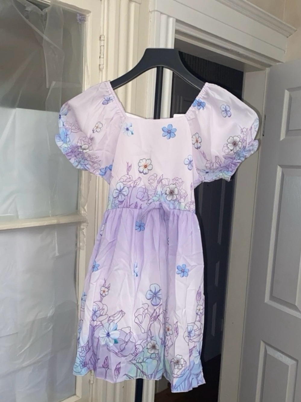 Purple floral Dress Chiffon Puff Sleeve, Square Neck,
